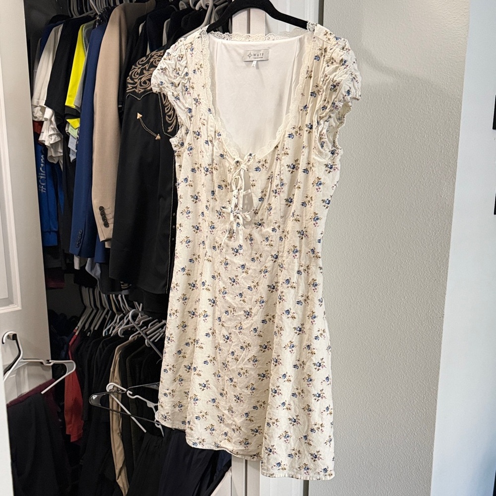 WAYF Cream Linen Mini Dress with Blue & Pink Floral Print